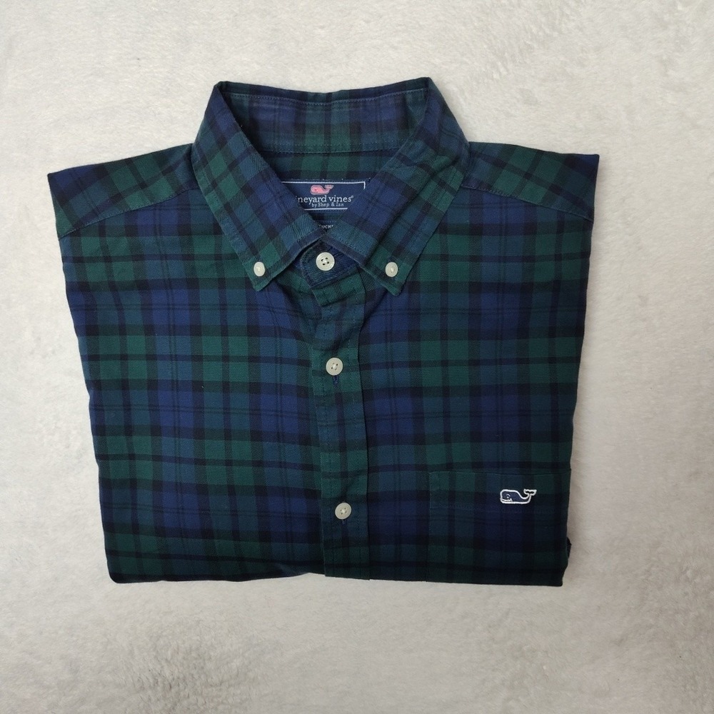 Vineyard Vines Shirt Mens Medium Green Blue Black Watch Plaid Classic Tucker